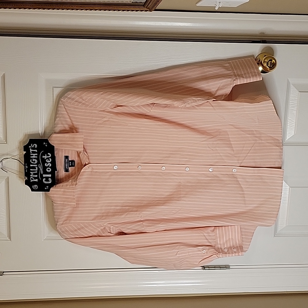 Lands' End 16W Button Up Dress Shirt Long Sleeve Pink White Stripe